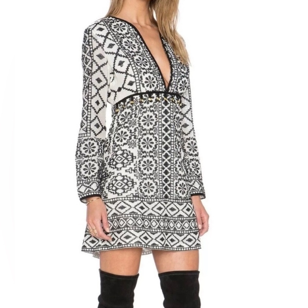 Antik Batik Black & White Long Sleeve Ida Mini Dress XS 36 embroidered boho